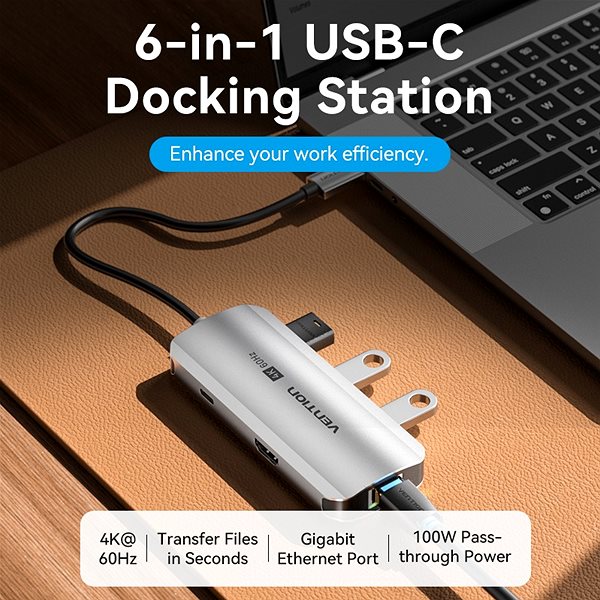 Port-Replikator Vention USB-C to HDMI/USB 3.0 x3/RJ45/PD Docking Station 0.15M Gray Aluminum Alloy Type ...