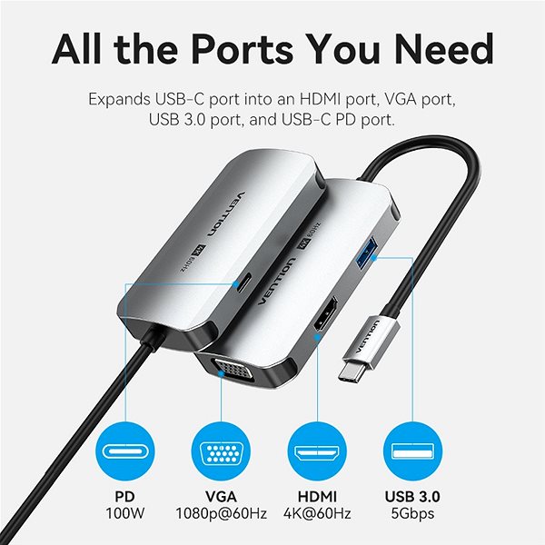 Replikátor portov Vention USB-C to HDMI/VGA/USB 3.0/PD Docking Station 0.15M Gray Aluminum Alloy Type ...