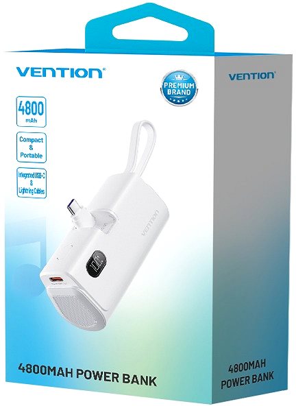 Power Bank Vention LED Display 4800mAh Power Bank (USB-C + Lightning + USB-C) 22.5W White Foldable USB-C Type ...
