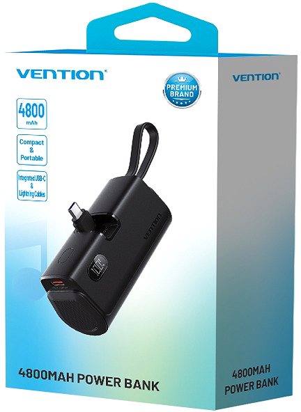 Power Bank Vention LED Display 4800mAh Power Bank (USB-C + Lightning + USB-C) 22.5W Black Foldable USB-C Type ...