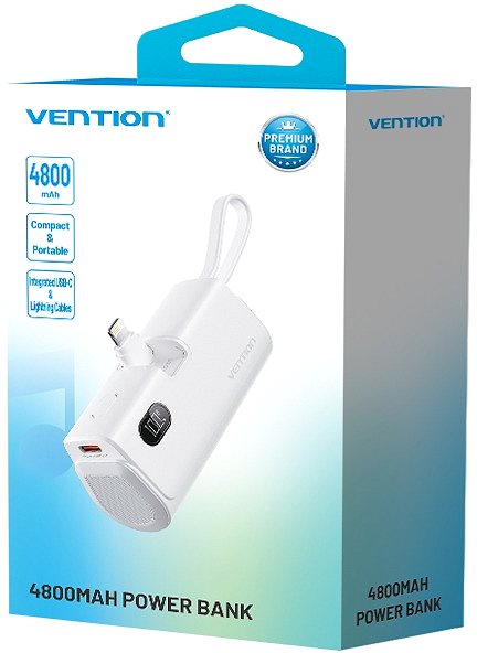 Power Bank Vention LED Display 4800mAh Power Bank (USB-C + Lightning + USB-C) 22.5W White Foldable Lightning Ty ...