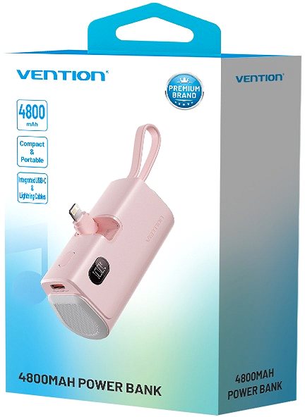 Power Bank Vention LED Display 4800mAh Power Bank (USB-C + Lightning + USB-C) 22.5W Pink Foldable Lightning Typ ...
