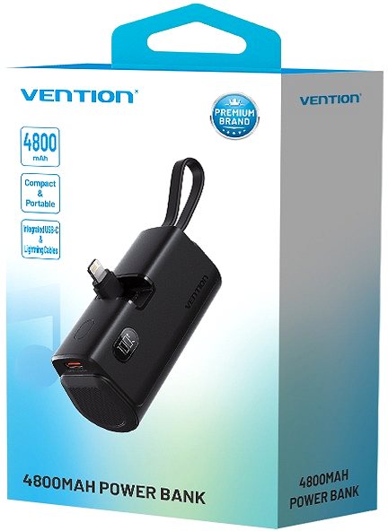 Power Bank Vention LED Display 4800mAh Power Bank (USB-C + Lightning + USB-C) 22.5W Black Foldable Lightning Ty ...