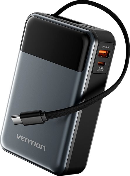 Power Bank Vention 20000mAh Power Bank (USB-C + USB-C/USB-A) with Built-in USB-C Cable 65W Black LED Display Ty ...