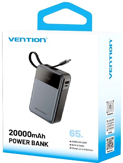 Power Bank Vention 20000mAh Power Bank (USB-C + USB-C/USB-A) with Built-in USB-C Cable 65W Black LED Display Ty ...