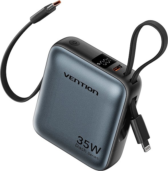 Power Bank Vention 10000mAh Mini Power Bank (USB-C + USB-C/Lightning) with Built-in USB-C and Lightning Cables ...