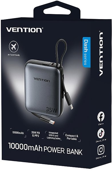 Power Bank Vention 10000mAh Mini Power Bank (USB-C + USB-C/Lightning) with Built-in USB-C and Lightning Cables ...