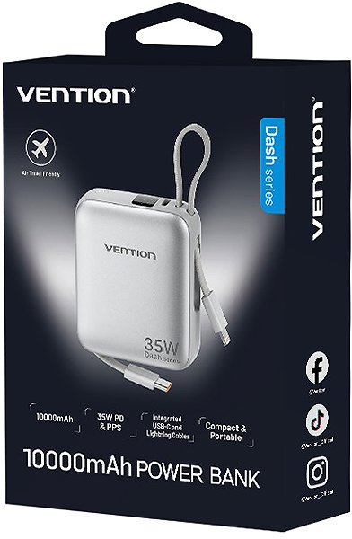 Power Bank Vention 10000mAh Mini Power Bank (USB-C + USB-C/Lightning) with Built-in USB-C and Lightning Cables ...