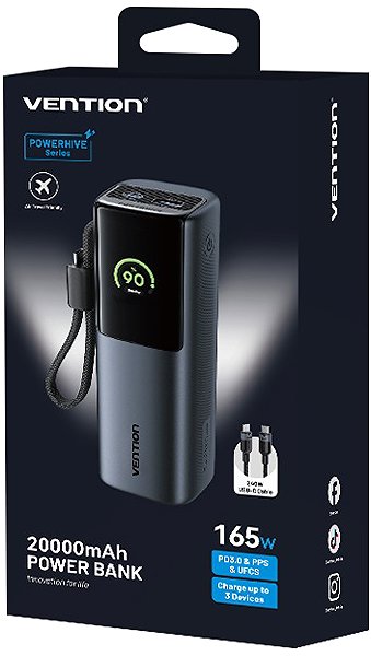 Power Bank Vention 20000mAh Power Bank (USB-C + USB-C/USB-C/USB-A) 165W Gray TFT Display Type ...