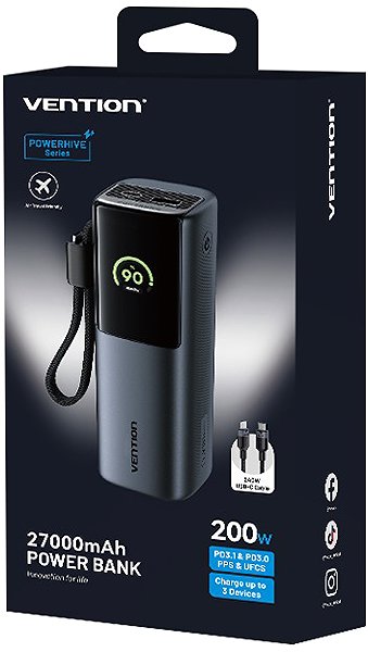 Power Bank Vention 27000mAh Power Bank (USB-C + USB-C/USB-C/USB-A) 200W Gray LED Display Type ...