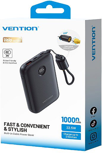 Power Bank Vention 10000mAh Power Bank (USB-C + USB-C/USB-C/USB-A) 22.5W Black (CCC certified) ...