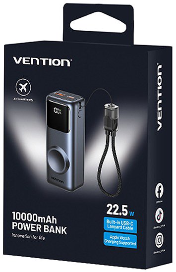 Power Bank Vention Mini 10000mAh Power Bank (USB-C + USB-A) with Built-in USB-C Cable and Apple Watch Charging ...