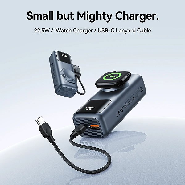 Power Bank Vention Mini 10000mAh Power Bank (USB-C + USB-A) with Built-in USB-C Cable and Apple Watch Charging ...
