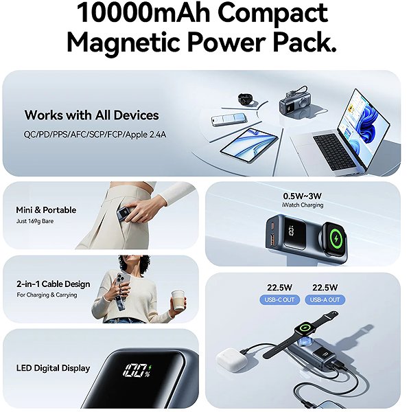 Power Bank Vention Mini 10000mAh Power Bank (USB-C + USB-A) with Built-in USB-C Cable and Apple Watch Charging ...