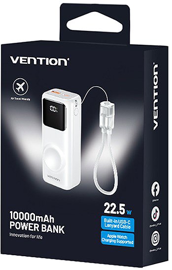 Power Bank Vention Mini 10000mAh Power Bank (USB-C + USB-A) with Built-in USB-C Cable and Apple Watch Charging ...
