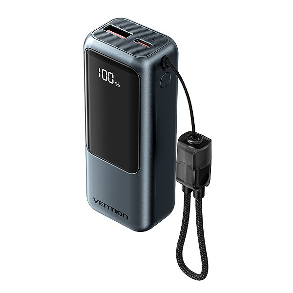 Power Bank Vention Mini 10000mAh Power Bank (USB-C + USB-A) with Built-in Lanyard 22.5W Grey LED Display Univer ...