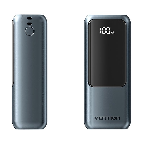 Power Bank Vention Mini 10000mAh Power Bank (USB-C + USB-A) with Built-in Lanyard 22.5W Grey LED Display Univer ...