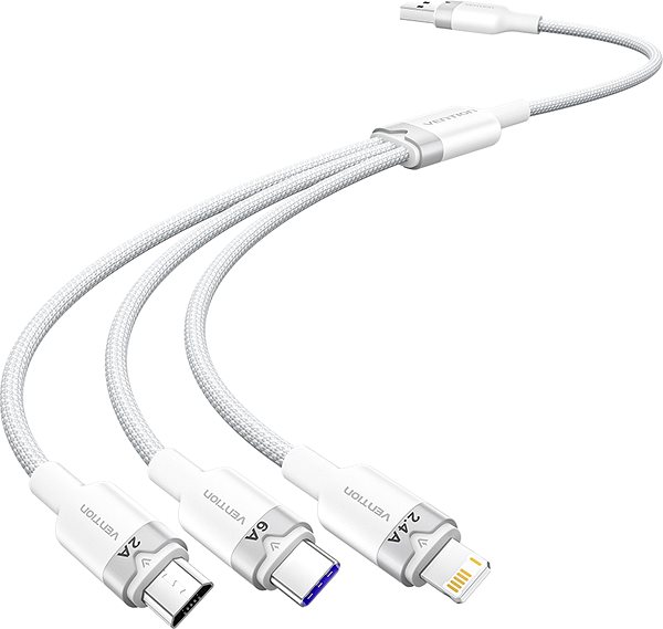 Data Cable Vention USB 2.0 A Male to 3-in-1 USB-C & Lightning & Micro-B Male 6A Cable 1.5M White Aluminum Alloy ...