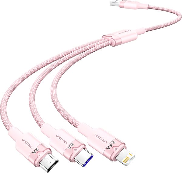 Data Cable Vention USB 2.0 A Male to 3-in-1 USB-C & Lightning & Micro-B Male 6A Cable 1.5M Pink Aluminum Alloy ...