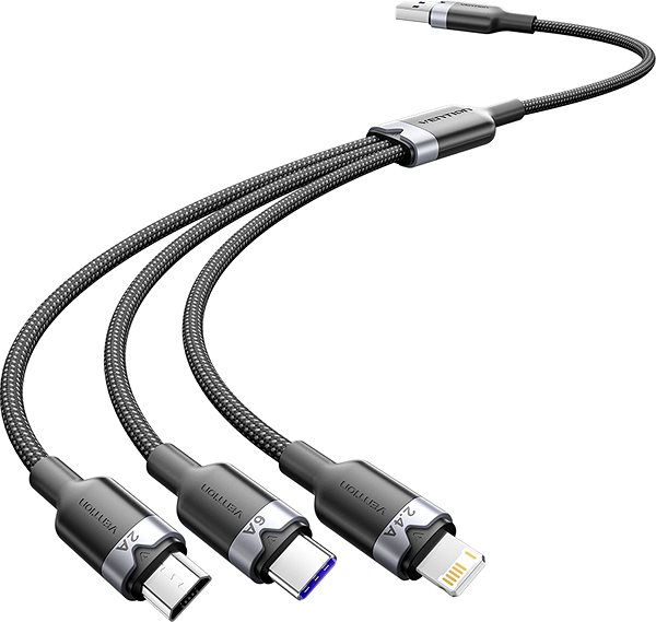 Data Cable Vention USB 2.0 A Male to 3-in-1 USB-C & Lightning & Micro-B Male 6A Cable 1.5M Black Aluminum Alloy ...