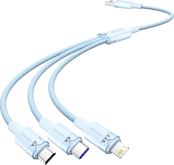 Data Cable Vention USB 2.0 A Male to 3-in-1 USB-C & Lightning & Micro-B Male 6A Cable 1.5M Blue Aluminum Alloy ...