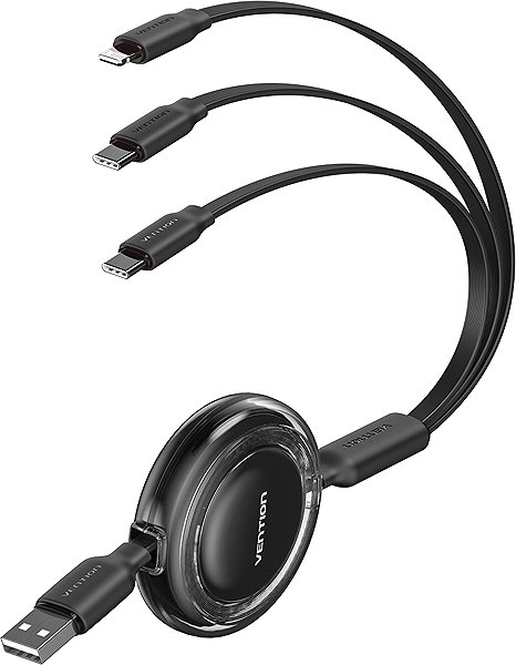 Data Cable Vention USB 2.0 3-in-1 Retractable Cable 3.5A Black 1.1m ...
