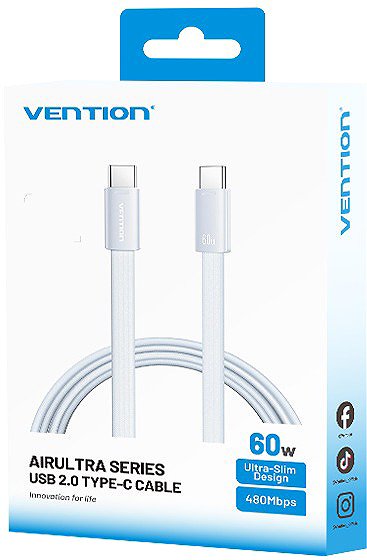 Data Cable Vention Flat USB 2.0 Type-C Male to Type-C Male 3A Cable 2M Silver Aluminum Alloy Type ...