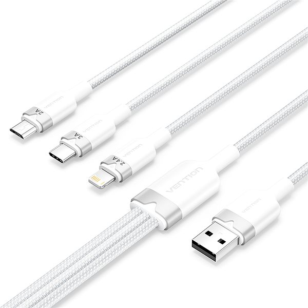 Data Cable Vention USB 2.0 A Male to 3-in-1 USB-C & Lightning & Micro-B Male 3A Cable 1.5M White Aluminum Alloy ...