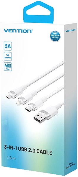 Data Cable Vention USB 2.0 A Male to 3-in-1 USB-C & Lightning & Micro-B Male 3A Cable 1.5M White Aluminum Alloy ...
