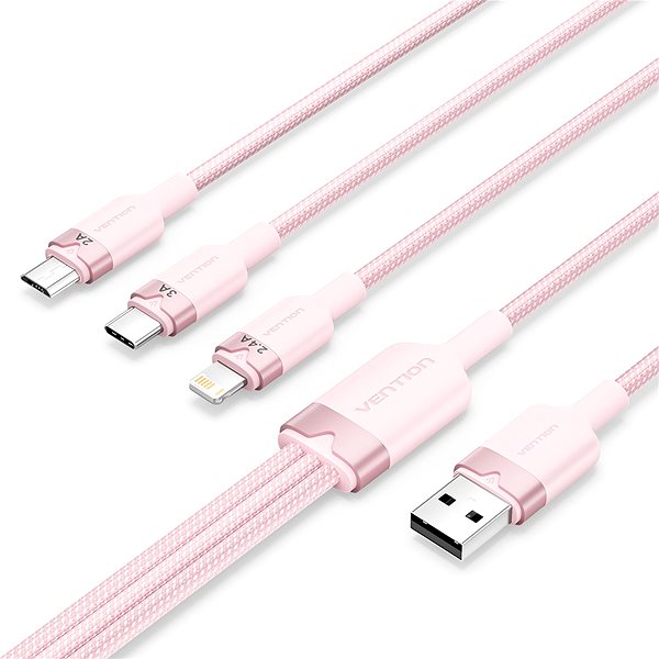 Data Cable Vention USB 2.0 A Male to 3-in-1 USB-C & Lightning & Micro-B Male 3A Cable 1.5M Pink Aluminum Alloy ...