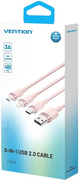 Data Cable Vention USB 2.0 A Male to 3-in-1 USB-C & Lightning & Micro-B Male 3A Cable 1.5M Pink Aluminum Alloy ...