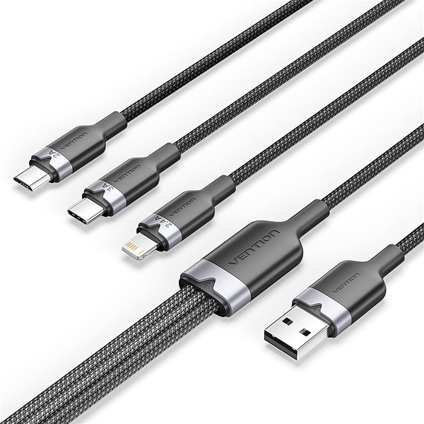 Data Cable Vention USB 2.0 A Male to 3-in-1 USB-C & Lightning & Micro-B Male 3A Cable 1.5M Black Aluminum Alloy ...