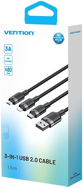 Data Cable Vention USB 2.0 A Male to 3-in-1 USB-C & Lightning & Micro-B Male 3A Cable 1.5M Black Aluminum Alloy ...
