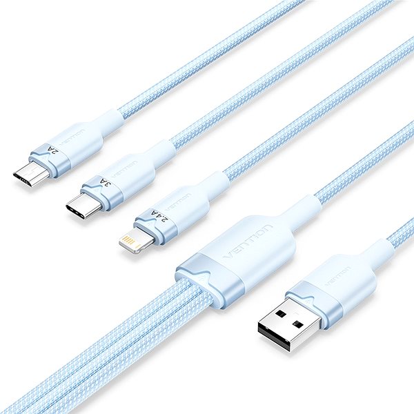 Data Cable Vention USB 2.0 A Male to 3-in-1 USB-C & Lightning & Micro-B Male 3A Cable 1.5M Blue Aluminum Alloy ...