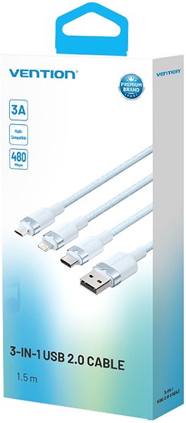 Data Cable Vention USB 2.0 A Male to 3-in-1 USB-C & Lightning & Micro-B Male 3A Cable 1.5M Blue Aluminum Alloy ...