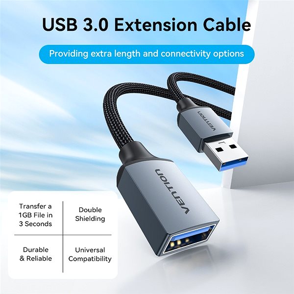 Adatkábel Vention Cotton Braided USB 3.0 Type A Male to Female Extension Cable Aluminum Alloy Type, 1 m, szürke ...
