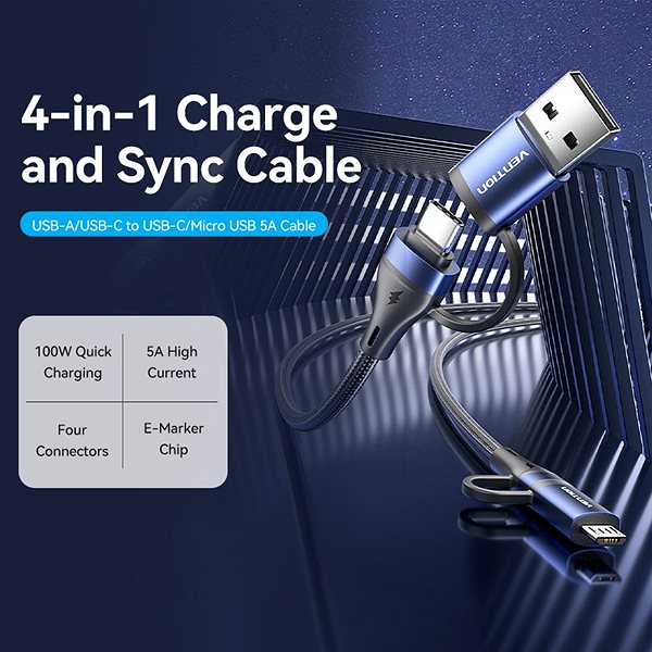 Data Cable Vention 4-in-1 Cotton Braided USB 2.0 Type-A Male + USB-C Male to USB-C Male + Micro Type-B Male 5A ...