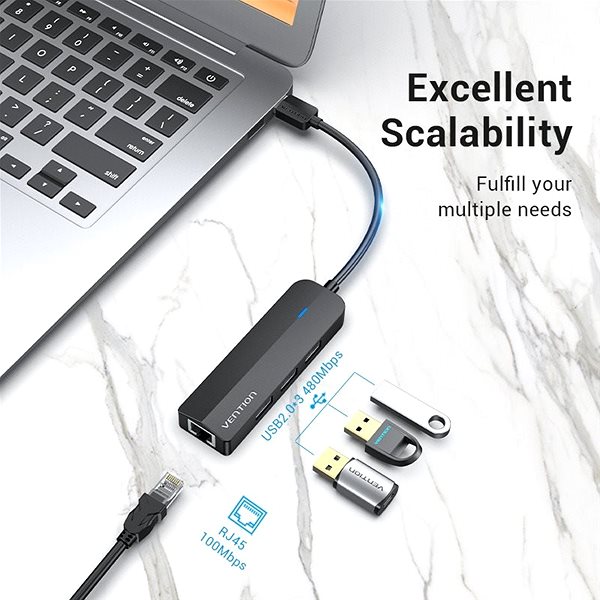 Port Replicator Vention 3-Port USB 2.0 Hub with 100Mbps Ethernet Adapter 0.15M Black Connectivity (ports)