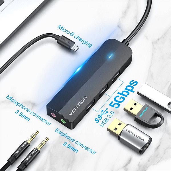 USB Hub Vention 3-Port USB 3.0 Hub with Sound Card and Power Supply 0.15M Black Connectivity (ports)