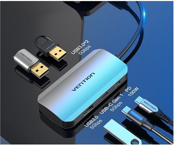 USB Hub Vention Type-C to USB-C 3.2 Gen 1 / 3x USB3.0 / PD Hub 0.15M Grey Aluminium Alloy Type Connectivity (ports)