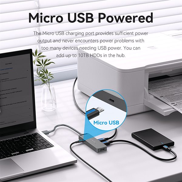 USB Hub Vention 4-Port USB 2.0 Hub With Power Supply 0,15 m, szürke ...