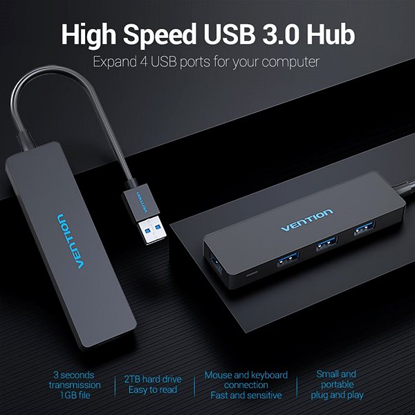USB Hub Vention USB HUB 3.0 4-ports 0.15m Black Lifestyle
