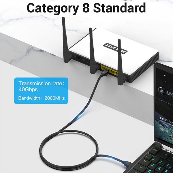 Hálózati kábel Vention Cat.8 SFTP Patch Cable Slim, 0.5m, fekete Csatlakozási lehetőségek (portok)