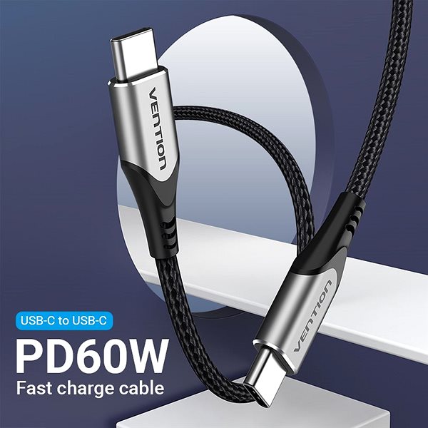 Data Cable Vention Type-C (USB-C) 2.0 (M) to USB-C (M) Cable 0.5m Gray Aluminum Alloy Type Lifestyle