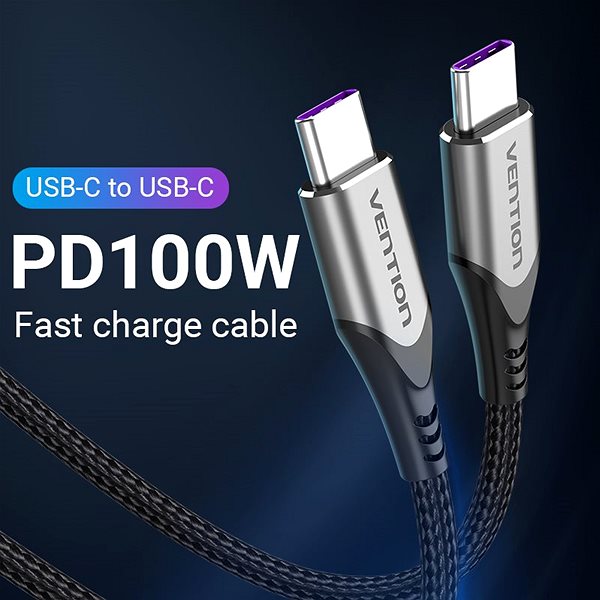 Data Cable Vention Type-C (USB-C) 2.0 (M) to USB-C (M) 100W / 5A Cable 1.5M Grey Aluminium Alloy Type Lifestyle