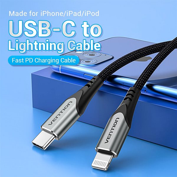 Data Cable Vention Lightning MFi to USB-C Braided Cable (C94) 1m Gray Aluminum Alloy Type Lifestyle