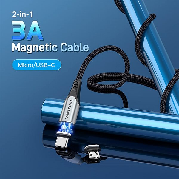 Datenkabel Vention 2-in-1 USB 2.0 to Micro + USB-C Male Magnetic Cable 1.5M Grau Aluminiumlegierung Screen