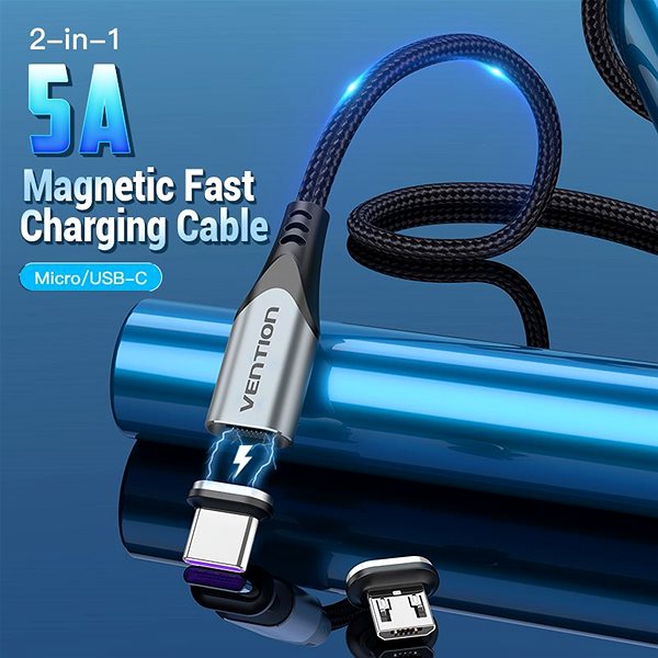 Adatkábel Vention 2-in-1 USB 2.0 to Micro + USB-C Male Magnetic Cable 5A 1.5m Gray Aluminum Alloy Type Képernyő