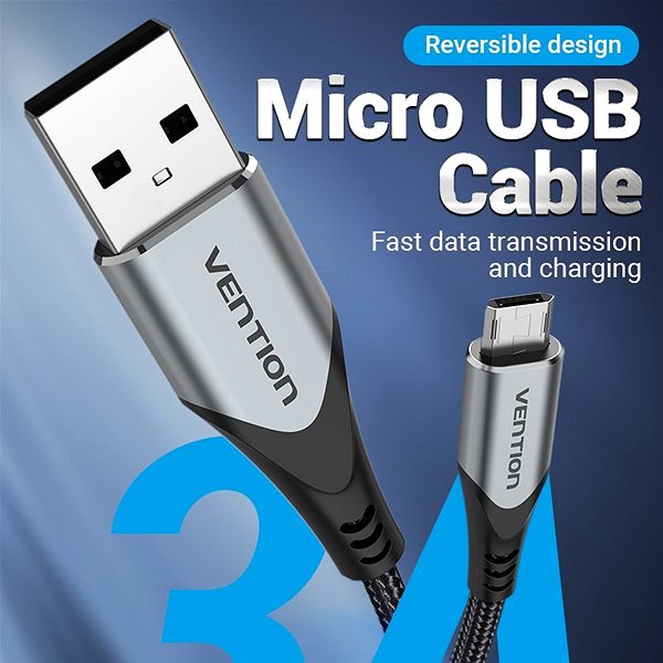 Data Cable Vention Reversible USB 2.0 to Micro USB Cable 0.25M Grey Aluminium Alloy Type Connectivity (ports)