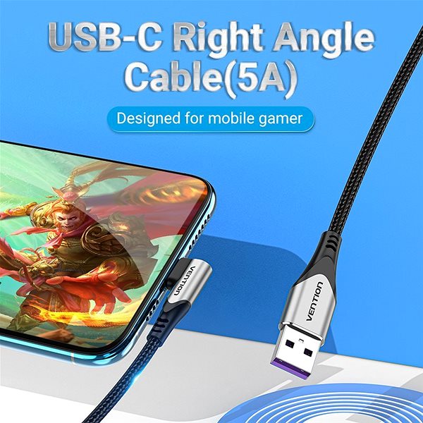 Data Cable Vention Type-C (USB-C) 90° <-> USB 2.0 5A Cable 1M Grey Aluminium Alloy Type Lifestyle